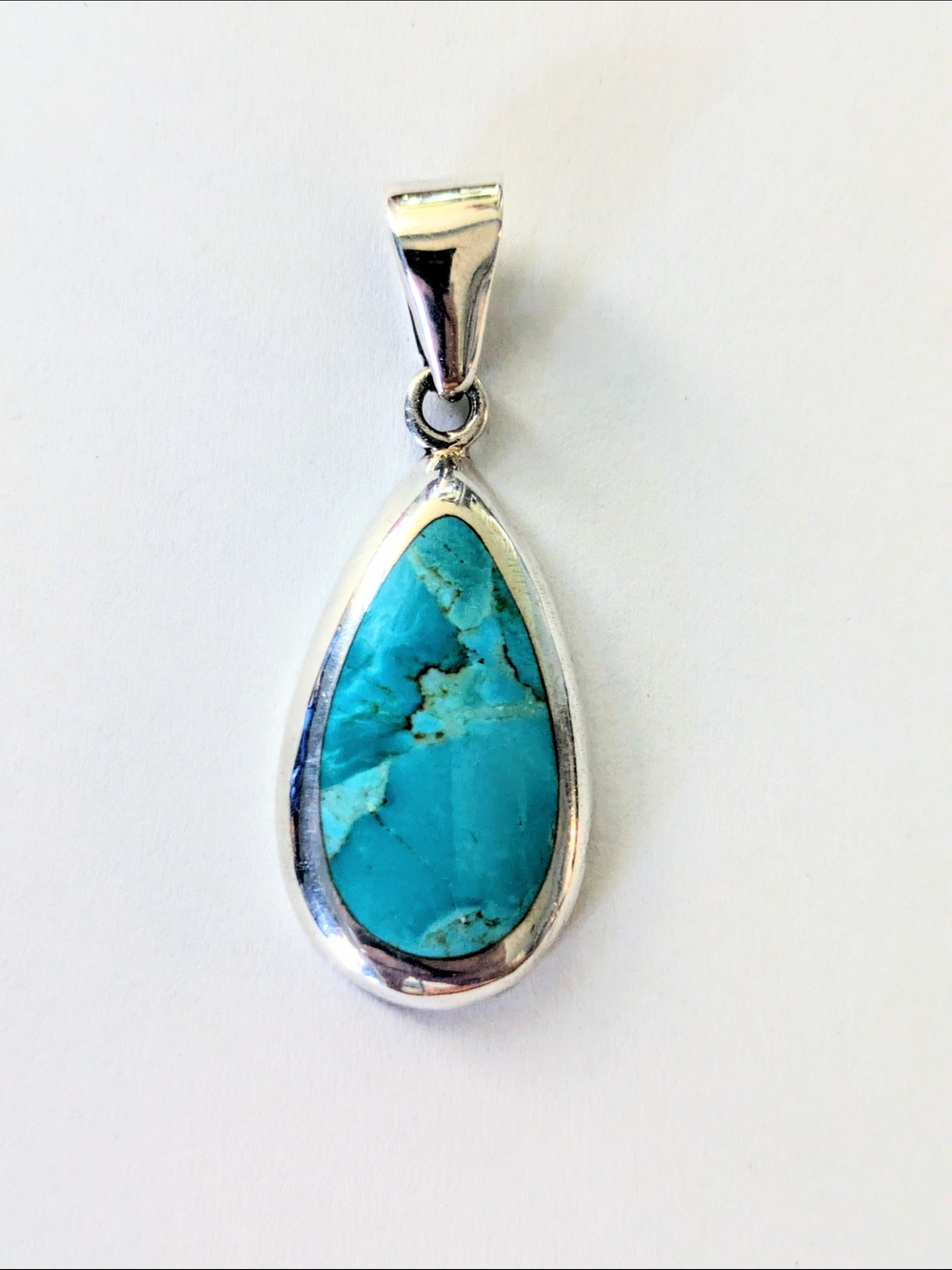 925 Sterling Silver Bezel Set Kingman Turquoise Teardrop Pendant High Polish